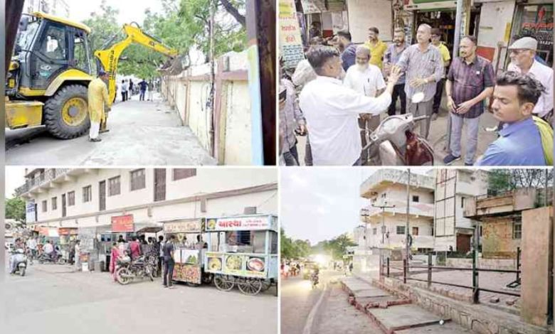 ભુજમાં નગરપાલિકાની દબાણ હટાવો ઝુંબેશ: જિ.પં. માર્ગ પરથી લારી-ગલ્લા હટાવાતાં વર્ષો બાદ ફૂટપાથ ખુલ્લી થઈ