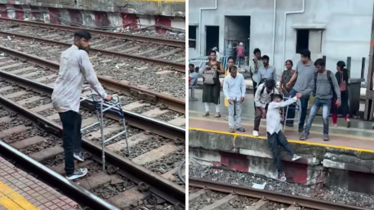 Ambernath Station Shocking Video: વોકર સાથે પાટા ઓળંગતા દિવ્યાંગનો ચમત્કારિક બચાવ! વીડિયો થયો વાઈરલ
