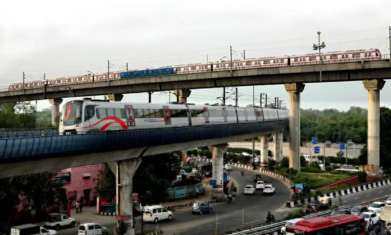 Delhi Metro train running at high speed on the Airport Express Line