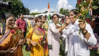 Women Congress supporters celebrate the Women’s Reservation Bill, at AICC Headquarters in New Delhi