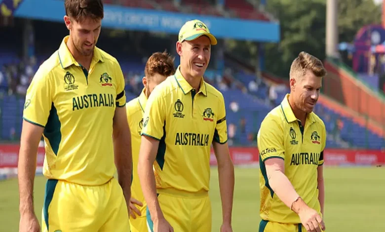 Australia players wearing black armbands during the World Cup 2023 match against the Netherlands