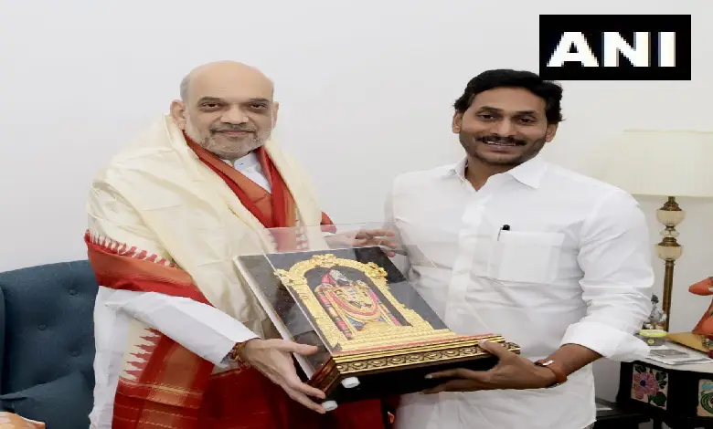 Andhra Pradesh Chief Minister Y S Jagan Mohan Reddy shaking hands with Union Home Minister Amit Shah