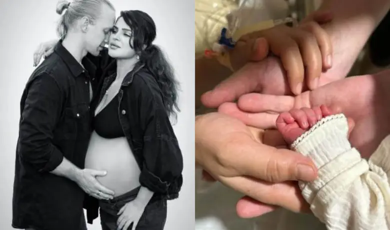 Aashka Goradia and Brent Goble holding their baby boy, William Alexander, in a photo
