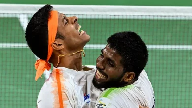 Satwik-Chirag celebrating their gold medal win in the badminton men's doubles final at the Asian Games