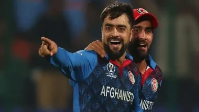 Afghanistan cricket team celebrating their victory over England in the Cricket World Cup 2023