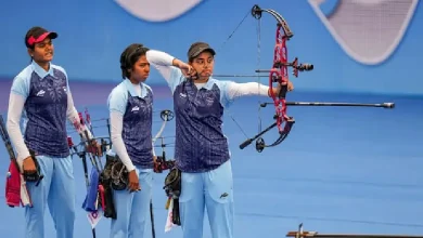 Indian women's archery team celebrating their gold medal win at the Asian Games