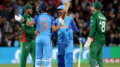 A collage of images representing India vs Bangladesh ODI and World Cup matches, including players from both teams, match highlights, and trophies