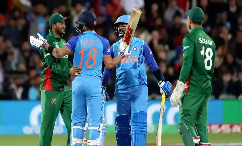 A collage of images representing India vs Bangladesh ODI and World Cup matches, including players from both teams, match highlights, and trophies