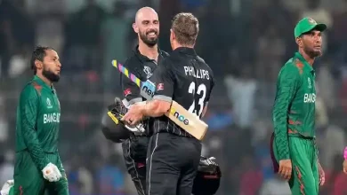 Kane Williamson and Daryl Mitchell celebrate their victory in the New Zealand vs Bangladesh World Cup 2023 match