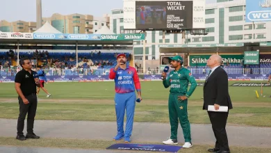 Pakistan cricket team captain Babar Azam and Afghanistan cricket team captain Mohammad Nabi at the toss for the T20 World Cup 2023 match between Pakistan and Afghanistan