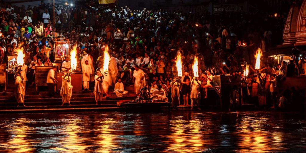 Devotees attending Ganga Aarti at Dashashwamedh Ghat in Varanasi, India