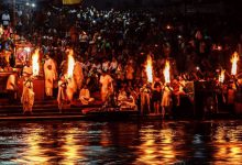 Devotees attending Ganga Aarti at Dashashwamedh Ghat in Varanasi, India