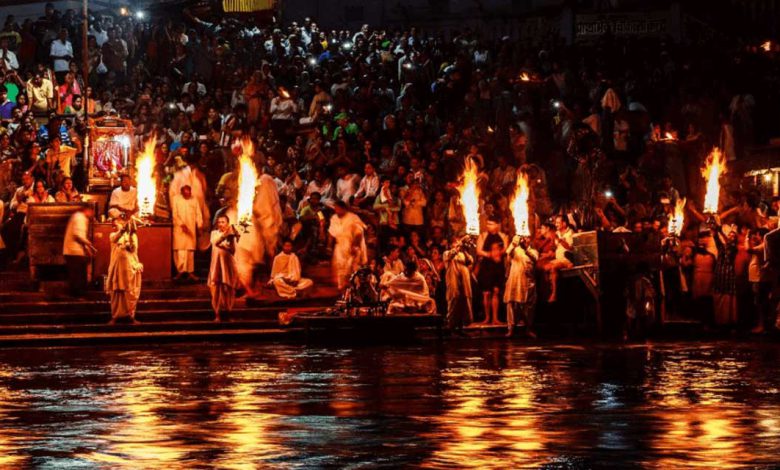 Devotees attending Ganga Aarti at Dashashwamedh Ghat in Varanasi, India