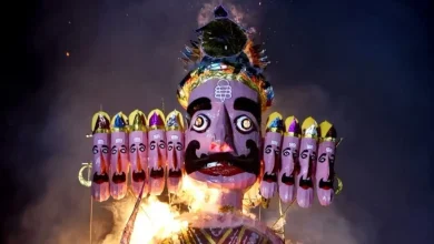 Giant effigies of Ravana, Kumbhakarna, and Meghnad ready to be burnt in Delhi on Dussehra 2023.