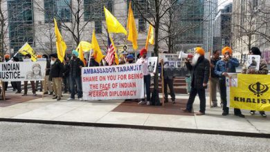 Demonstrators gather outside the Indian Embassy in Washington, D.C., to protest the Indian government's policies in Punjab.
