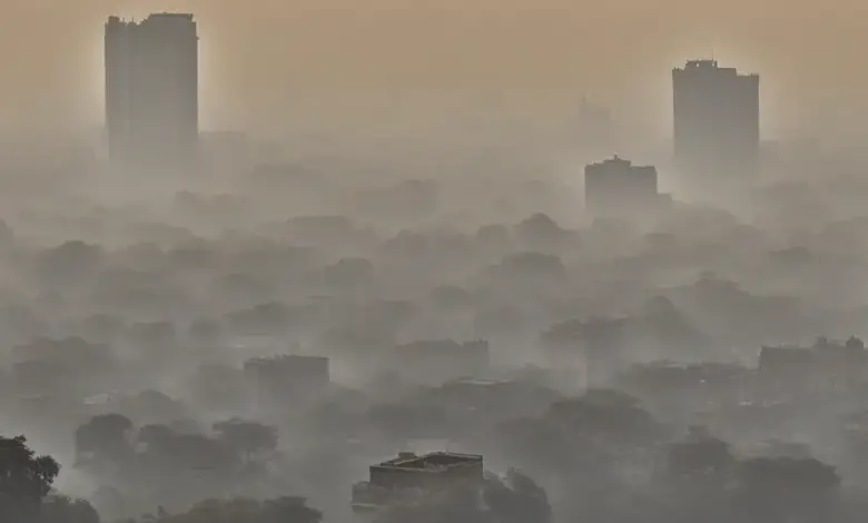 A photo of a person wearing a mask walking through a polluted city street