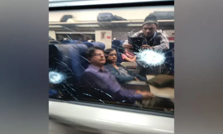 A shattered windowpane of a Vande Bharat Express train in Odisha after being pelted with stones