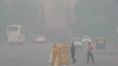 A photo of Delhi's skyline shrouded in smog, with a team of workers in masks and gloves cleaning up a street
