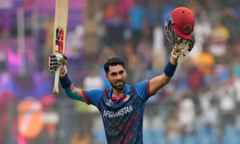 Ibrahim Zadran celebrating his century against Australia at the ICC Cricket World Cup