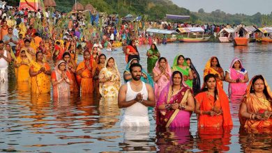 Chhath puja celebration on two banks of river in India