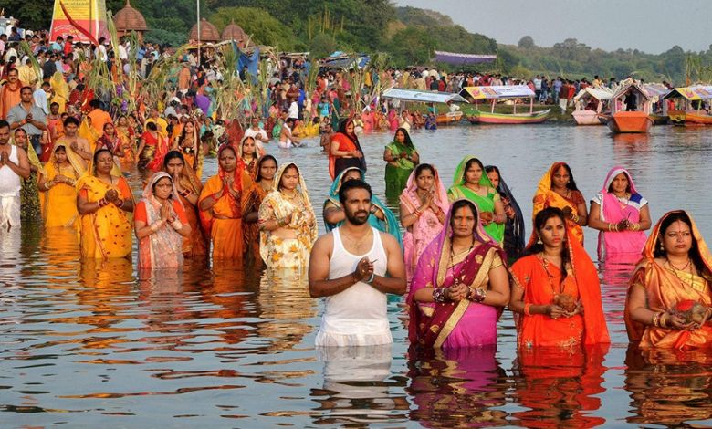 Chhath puja celebration on two banks of river in India