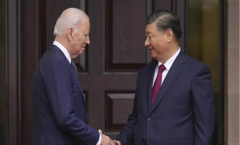 President Joe Biden greets China’s President President Xi Jinping at the Filoli Estate in Woodside, Calif., Wednesday, Nov, 15, 2023, on the sidelines of the Asia-Pacific Economic Cooperative conference