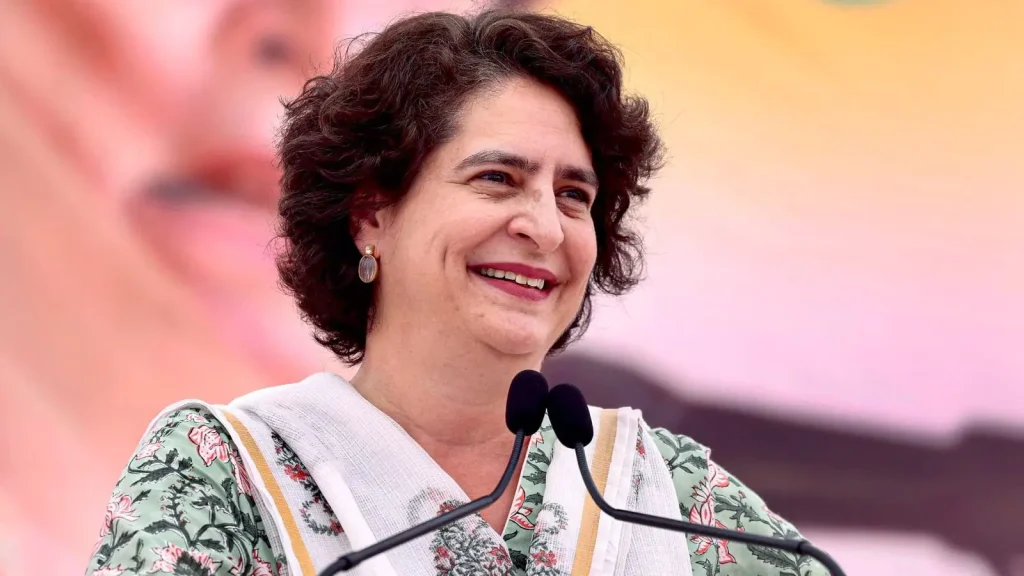 Priyanka Gandhi criticizes Narendra Modi at a rally.