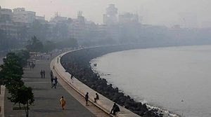 A cityscape of Mumbai with a smog cloud hanging over it, symbolizing the invisible disaster that threatens the city.