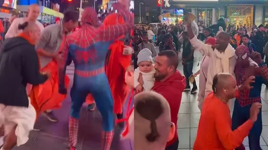 A masked superhero in New York City dances to the Hare Krishna mantra