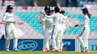 Jubilant Indian cricketers celebrate their historic 347-run victory over England in the Women's Test match.