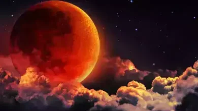 A dramatic lunar eclipse backdrop with zodiac symbols surrounding it, implying cosmic shifts and astrological impact.