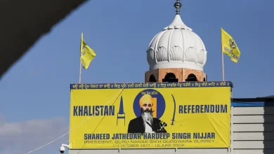 A banner with the image of Khalistani extremist Hardeep Singh Nijjar is seen at the Guru Nanak Sikh Gurdwara temple in Surrey, British Columbia
