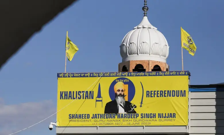 A banner with the image of Khalistani extremist Hardeep Singh Nijjar is seen at the Guru Nanak Sikh Gurdwara temple in Surrey, British Columbia