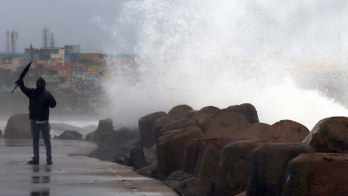 A flooded street in Chennai, India, as Cyclone Michaung approaches the coast
