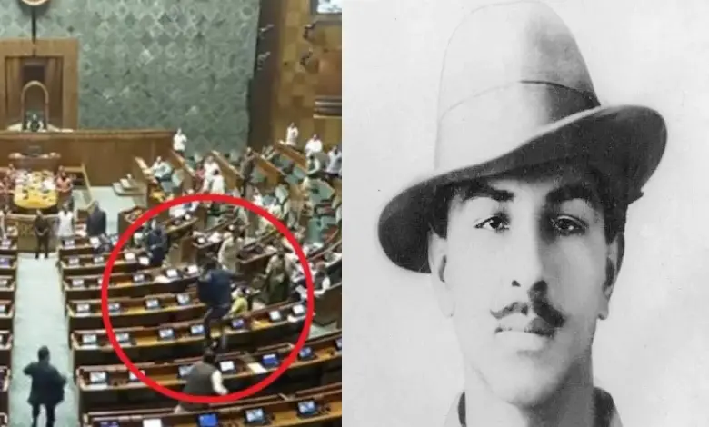 Bhagat Singh supporters scaling Parliament fence, symbolizing discontent and potential security vulnerabilities