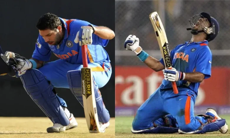 Yuvraj Singh lifting the World Cup trophy, despite suffering from illness