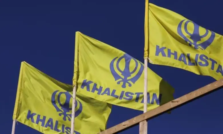 Khalistan flags are seen at the Guru Nanak Sikh Gurdwara temple, site of the June 2023 killing of Sikh leader Hardeep Singh Nijjar, in Surrey, British Columbia