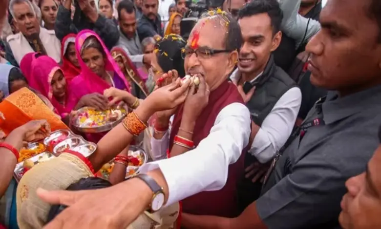 MP Election Results 2023 LIVE_ Madhya Pradesh Chief Minister Shivraj Singh Chouhan with supporters at Jait village in Sehore district