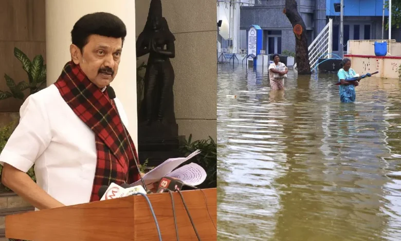 Empty chair representing absent Tamil Nadu CM amidst rain-battered Tamil Nadu landscape.