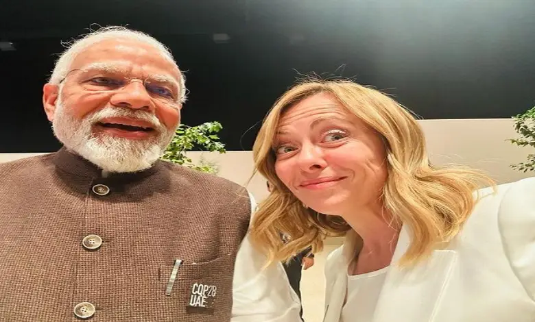 Prime Minister Narendra Modi and Italian counterpart Giorgia Meloni taking a selfie at COP28 climate action summit in Dubai, captioned _Good friends at COP28_