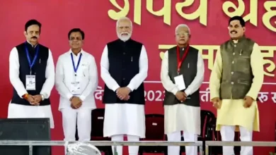 Prime Minister Narendra Modi with the newly sworn-in Madhya Pradesh Chief Minister Mohan Yadav (far right) and others during the oath ceremony, in Bhopal, on December 13, 2023