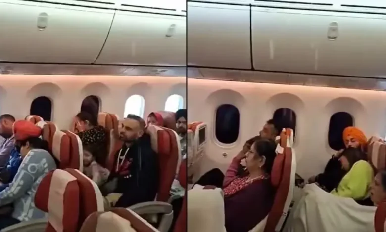 Passengers looking up in fear as water drips from the ceiling of an airplane.
