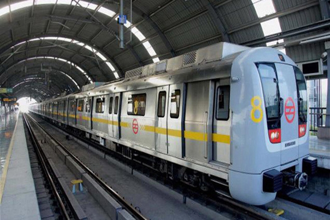 A private company train operating on the Delhi Metro network, symbolizing the potential privatization of the system.