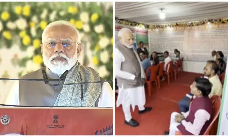 Prime Minister Narendra Modi addressing a crowd, with question marks superimposed above his head and a tax form in the background.
