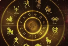 A radiant Jupiter casting its auspicious light on zodiac symbols, symbolizing Guru Pushya Yoga's blessings.