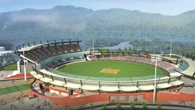 Panoramic view of the under-construction cricket stadium in Haridwar, Uttarakhand, India, set to host international matches.