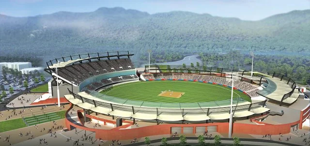 Panoramic view of the under-construction cricket stadium in Haridwar, Uttarakhand, India, set to host international matches.