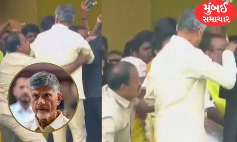 TDP chief Chandrababu Naidu rushes on stage amid fierce crowd, security guard saves life