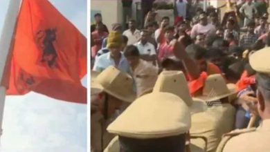 In a village of Mandya district, there was tension over the hoisting of the Hanuman flag.