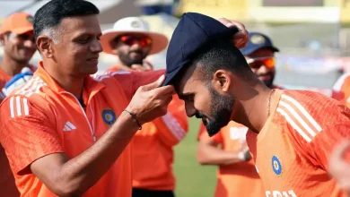 Akash Deep gets his Test cap from Head Coach Rahul Dravid